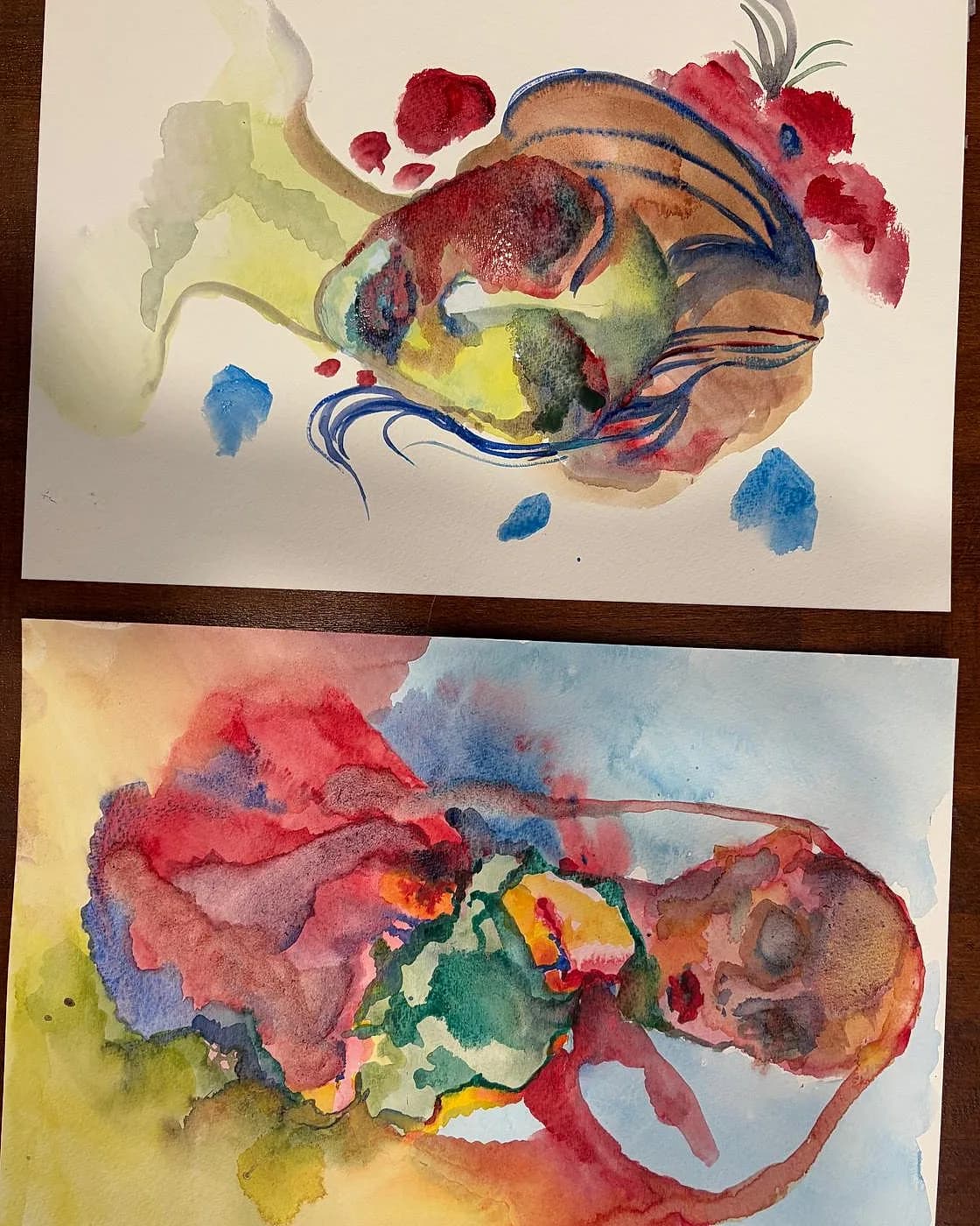 Deux aquarelles, poisson et chimère, aquarelle réalisée chez Artichaut à Montmartre
