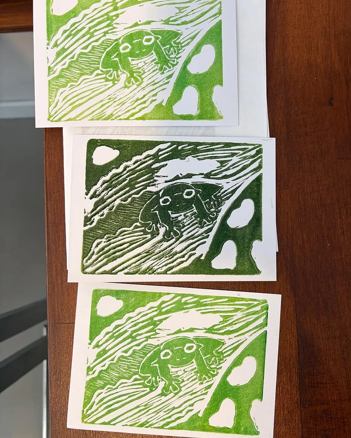 Trois cartes gravées, tirées à la main, gravure réalisée chez Artichaut à Montmartre