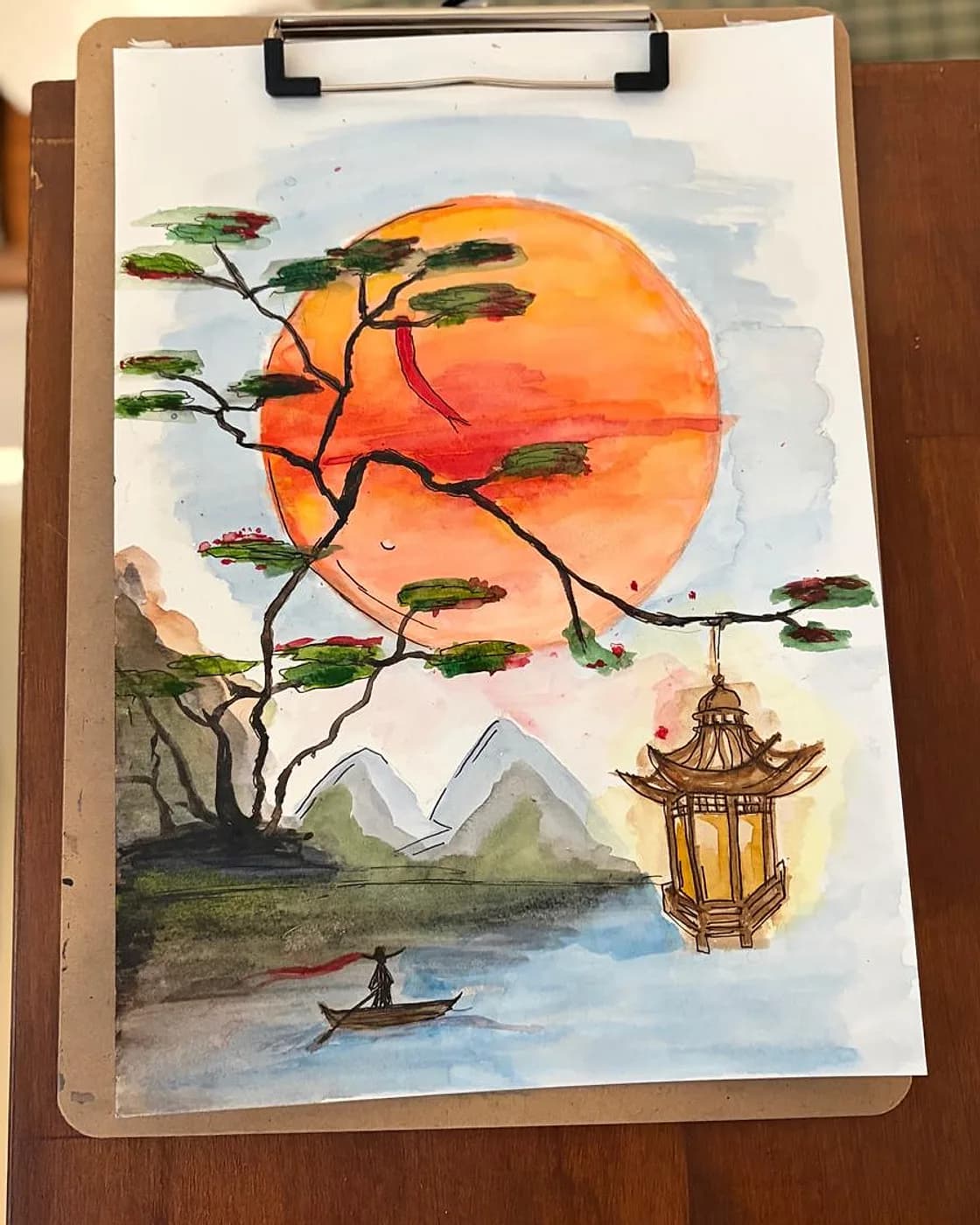 Aquarelle, soleil couchant et pagode, aquarelle réalisée chez Artichaut à Montmartre