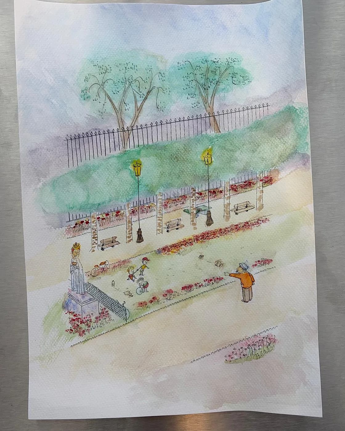 Aquarelle, un jardin parisien, aquarelle réalisée chez Artichaut à Montmartre