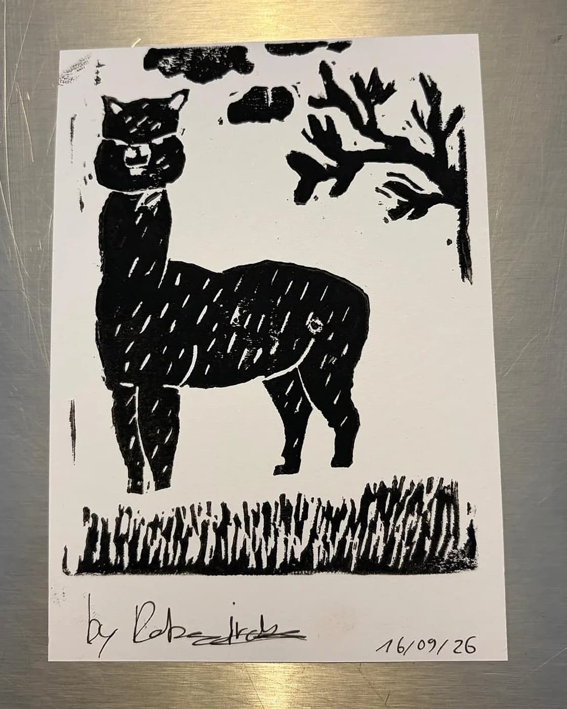 Carte gravée, lama, gravure réalisée chez Artichaut à Montmartre